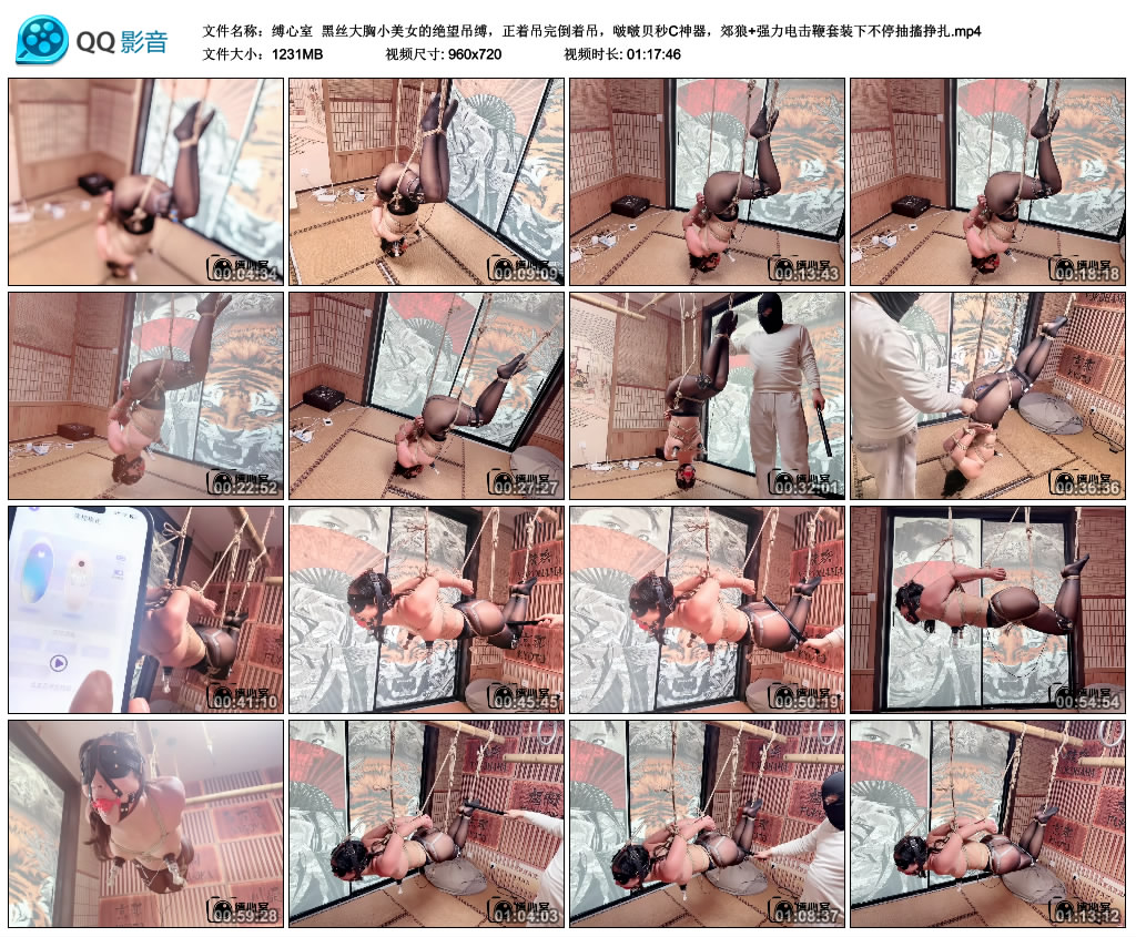 【缚心室】黑丝大胸小美女的绝望吊缚，正着吊完倒着吊，啵啵贝秒C神器，郊狼+强力电…_HD绳艺资源